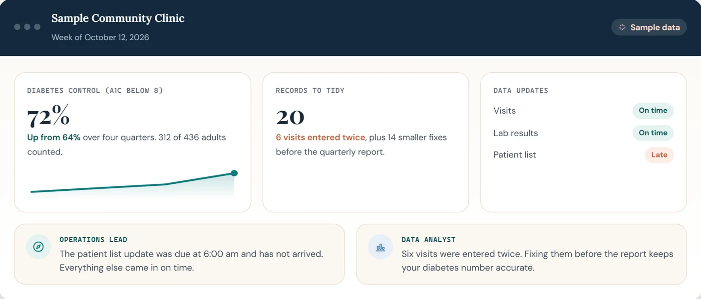 Sample data for a made-up clinic: a dashboard showing diabetes control at 72 percent, 20 records to tidy and one late patient-list update